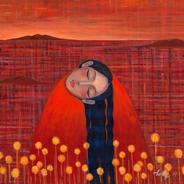 Painting of a woman with long dark hair in a red, textured landscape.