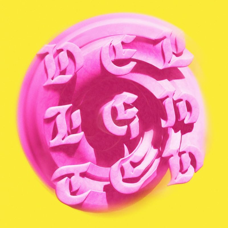 Pink, swirling text spelling "Delighted" on a yellow background.