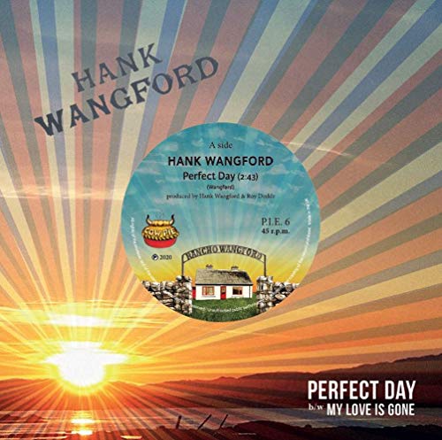 Hank Wangford "Perfect Day" vinyl record label with sunset background.