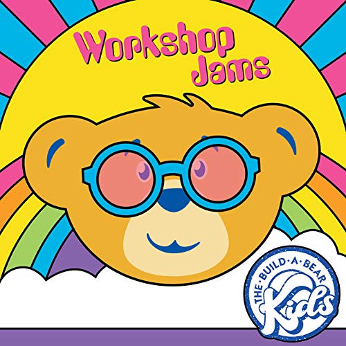 Bear with pink glasses centered on a rainbow and yellow sunburst.