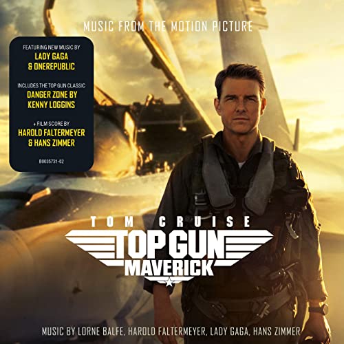 Tom Cruise stands in front of a fighter jet on the Top Gun Maverick soundtrack.