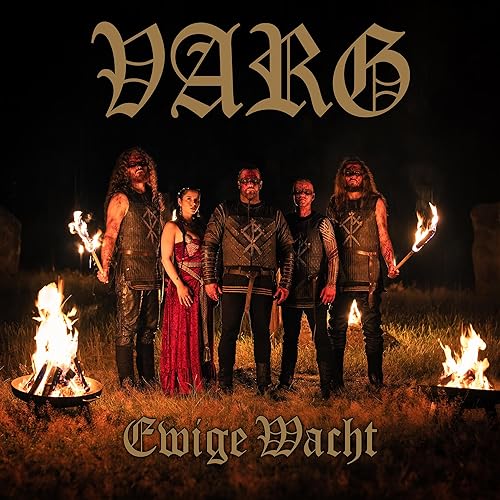 Band Varg stands before flames and ancient stones, album cover.