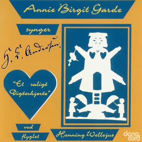 CD cover with paper-cut figures and text in Danish, gold and blue tones.