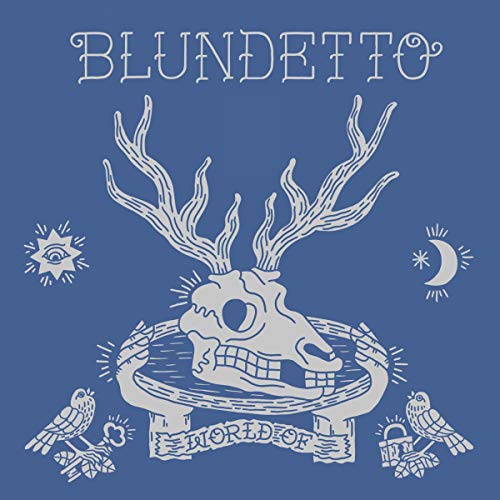 Blue album cover with a white deer skull, antlers, birds, and stylized text.