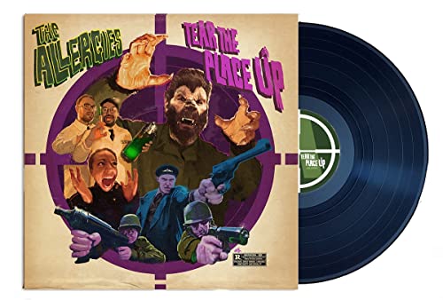 Vinyl record cover featuring illustrated figures with guns, dark blue disc.