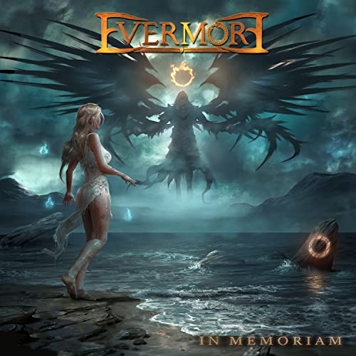 CD cover: woman facing dark, winged figure by a stormy shore.