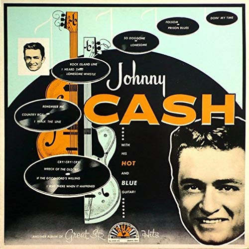 Johnny Cash album cover with portraits and illustrated guitars, blue background.