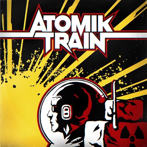 Album cover for "Atomik Train" featuring a stylized astronaut and yellow bursts.