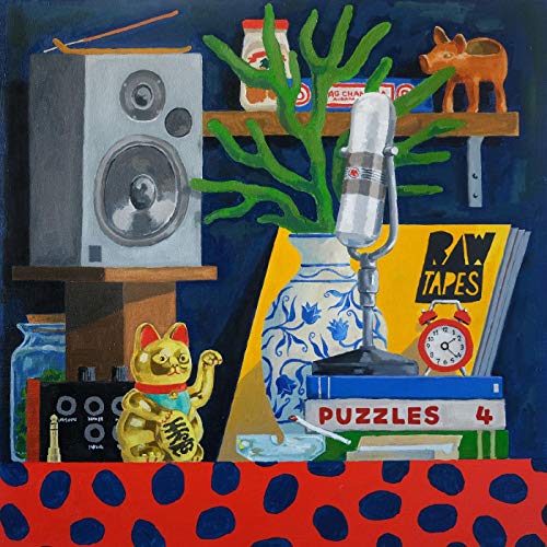 Still life painting of a shelf with a speaker, cactus, and cat figurine.