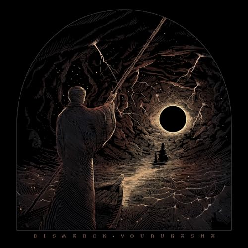 Dark album cover depicting a figure with a staff before a swirling vortex.