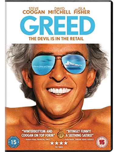DVD cover for "Greed" featuring Steve Coogan wearing sunglasses and smiling.