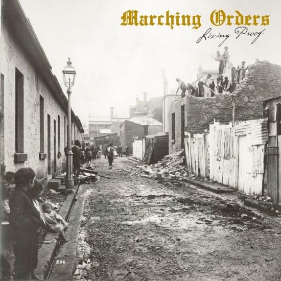 Vintage photograph of a crowded, rubble-strewn street with people.