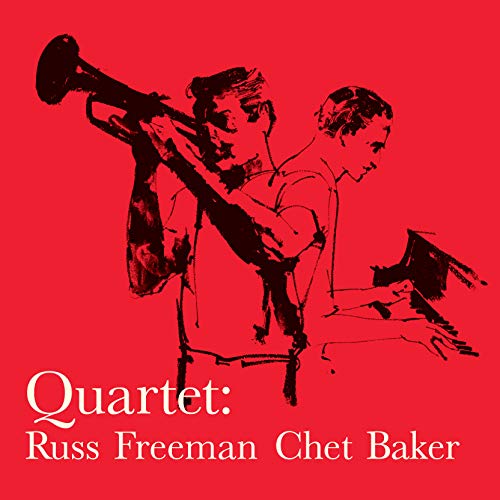 Red album cover with sketched musicians, trumpet, and text “Quartet: Russ Freeman Chet Baker”.