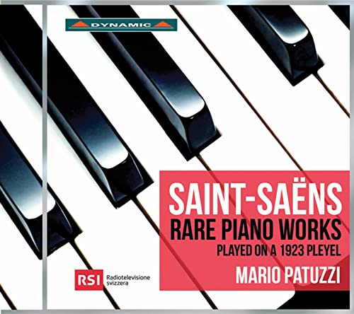 CD cover featuring piano keys and text: Saint-Saëns Rare Piano Works.