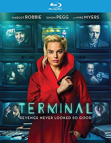 Terminal" Blu-ray cover featuring Margot Robbie with a gun and multiple TV screens.
