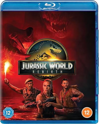 Jurassic World: Rebirth Blu-ray cover featuring three people in water against a red background.