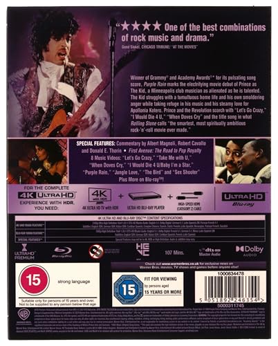 Blu-ray back cover for "Purple Rain" featuring Prince playing guitar.
