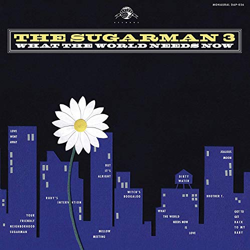 Vinyl record cover: daisy flower above a purple cityscape.