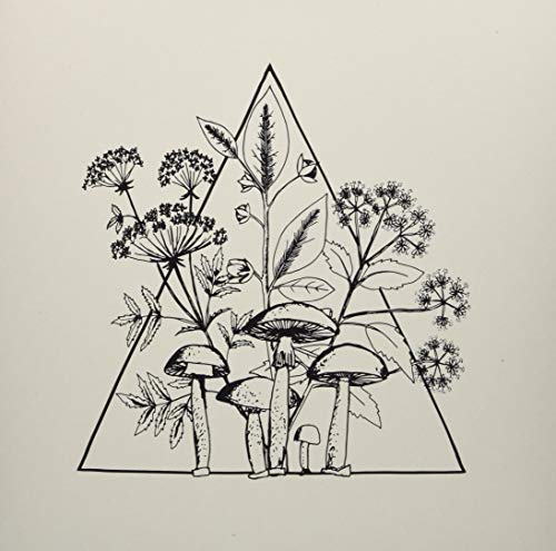 Black and white line drawing of mushrooms and plants within a triangle.