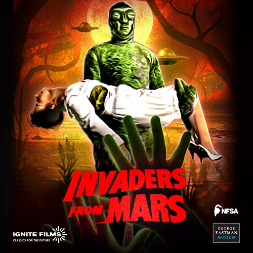 Movie poster for "Invaders From Mars" featuring a Martian and a woman.