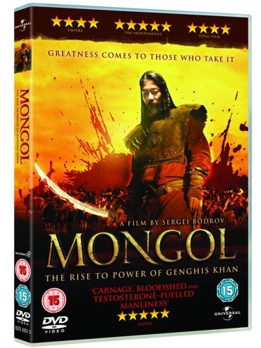 DVD cover for “Mongol,” featuring a portrait of Genghis Khan with a sword.