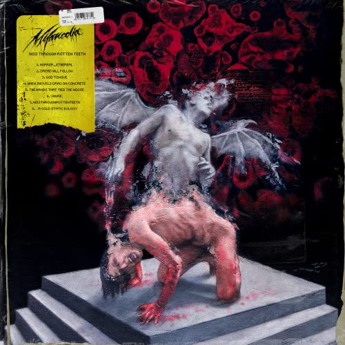 CD cover: distorted figure with wings on a stone pedestal, red splatter.