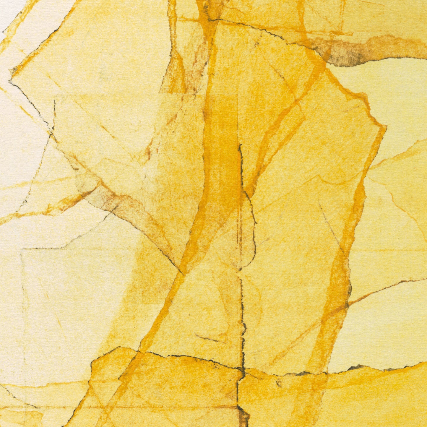 Abstract yellow and white textured artwork, resembling cracked earth.