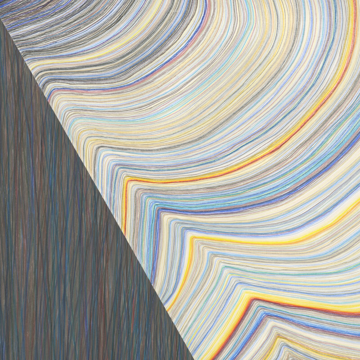 Abstract album cover with colorful, curved lines and dark shading.