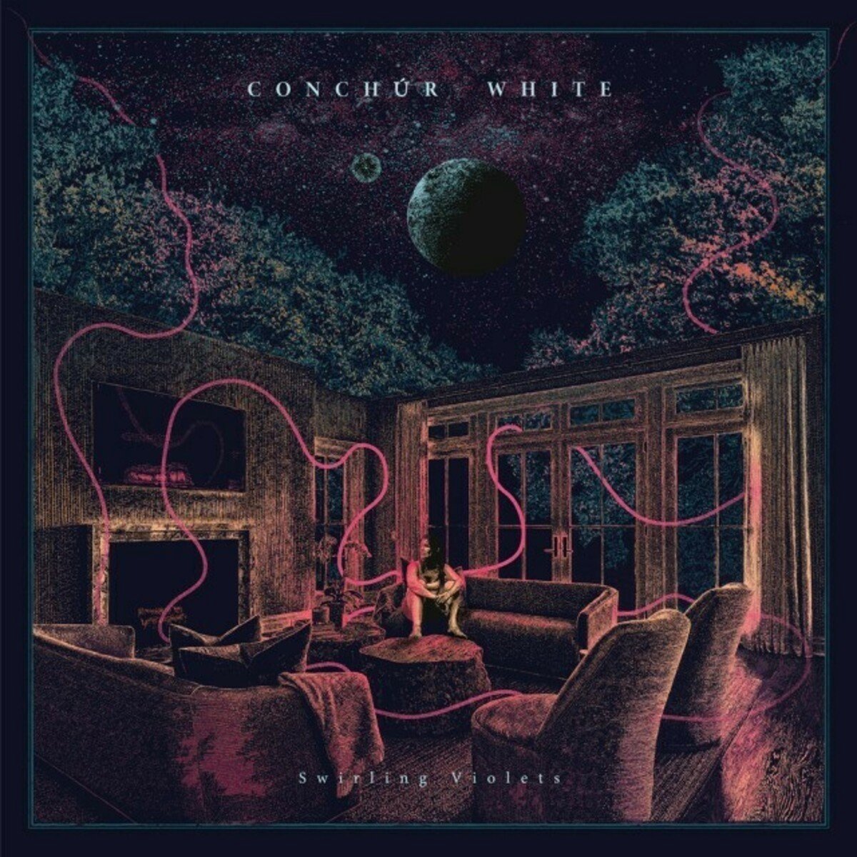 CD cover: dark interior with a figure, glowing pink lines, and a moon.