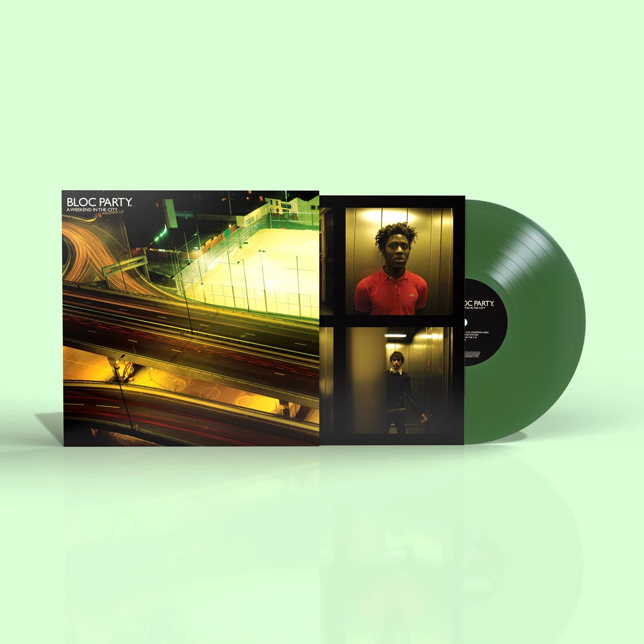 Bloc Party vinyl record with city highway cover art and green vinyl disc.