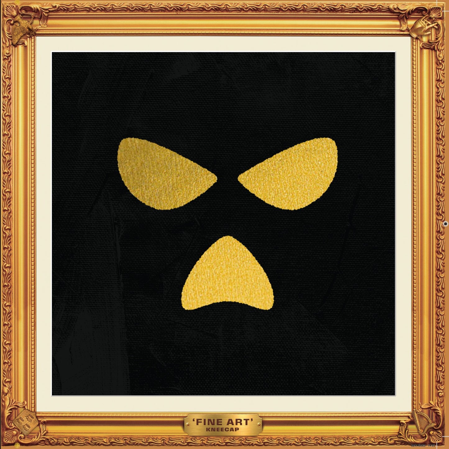 Gold-framed album art featuring three gold shapes on a black canvas background.