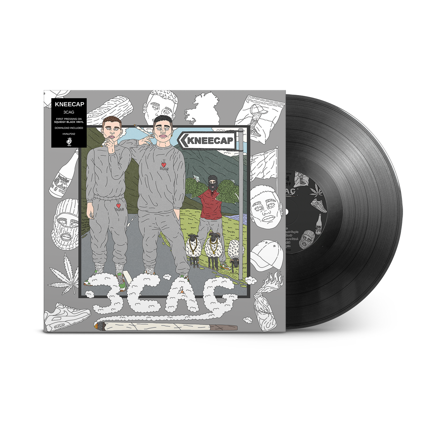 KNEECAP "3CAG" vinyl record with illustrated album cover and black disc.