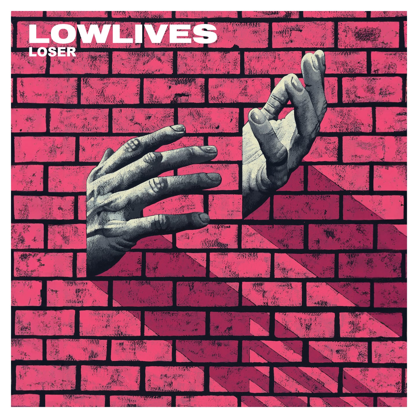 Album cover for LOWLIVES - FREAKING OUT, featuring hands against a brick wall.