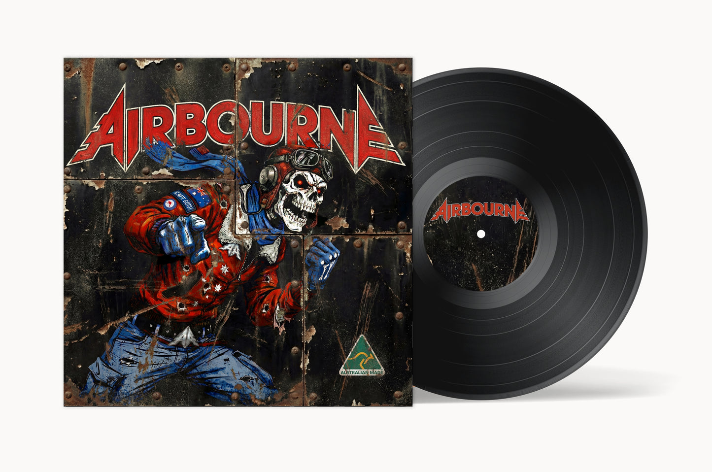 Airbourne vinyl record and cover featuring a skeleton in a red flight suit.
