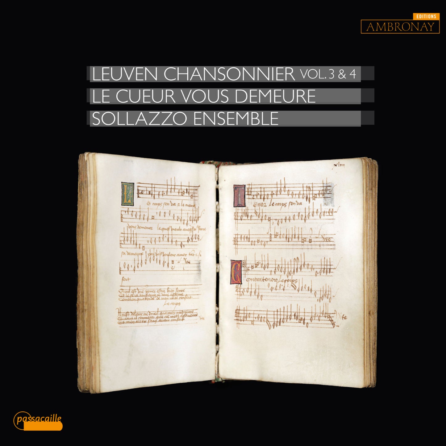 Open medieval music manuscript with hand-written notation on parchment against a black background.
