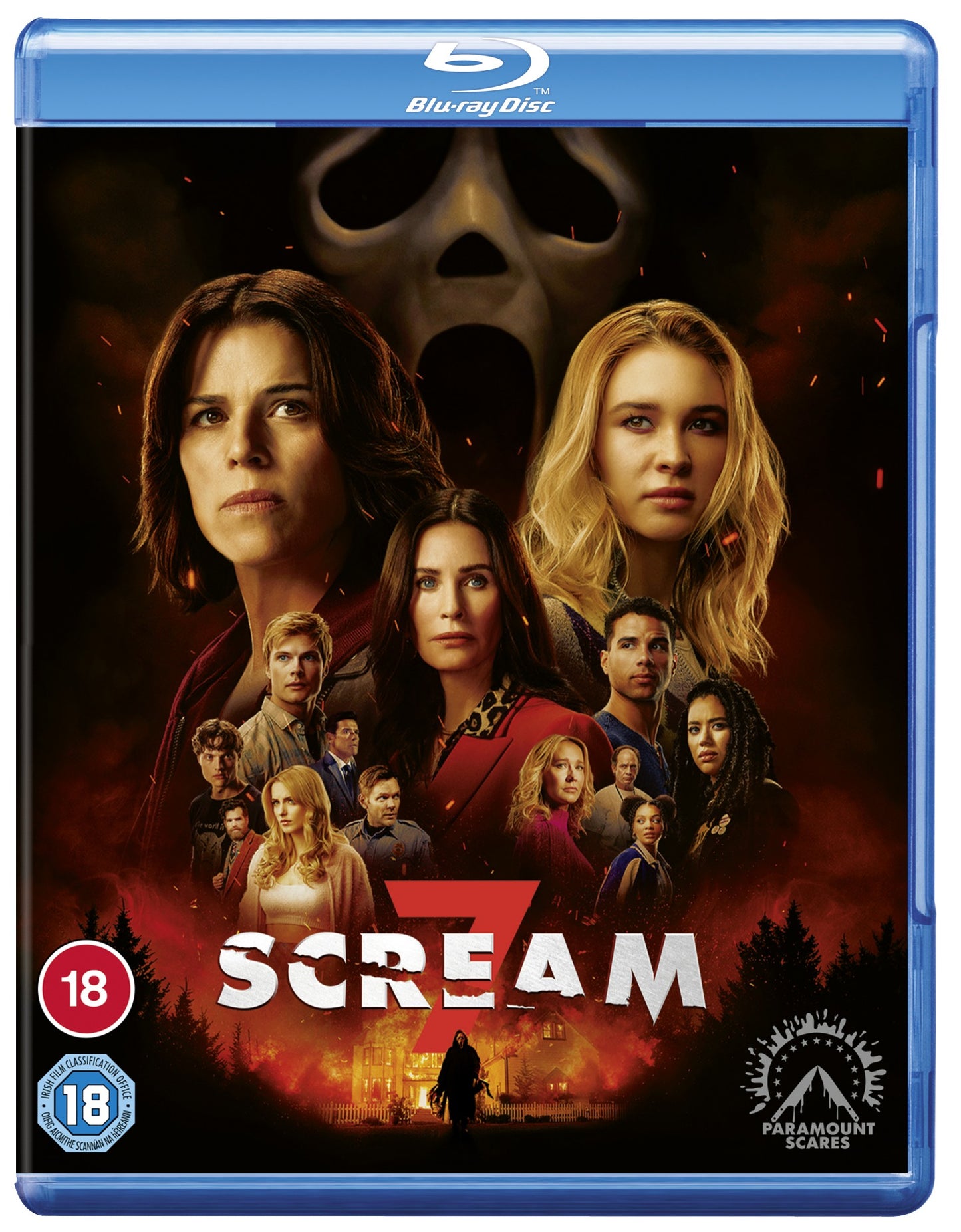 Blu-ray cover featuring the Scream 7 cast with the Ghostface mask in the background.