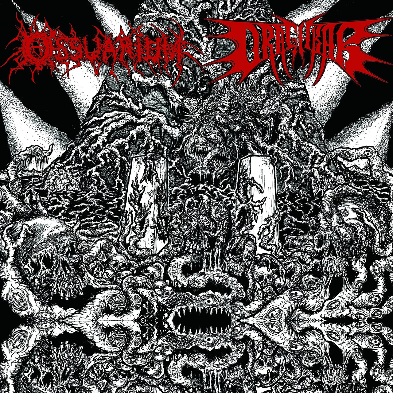 Black and white album cover with dense, grotesque imagery and band names.