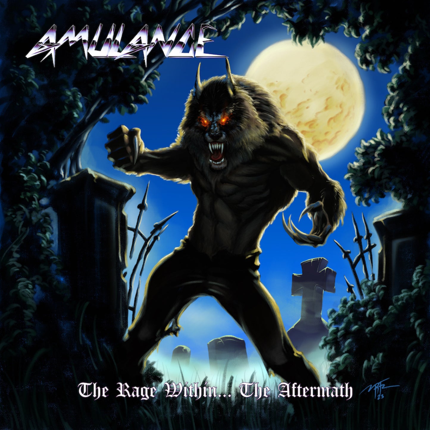 CD cover: werewolf in a graveyard under a full moon.