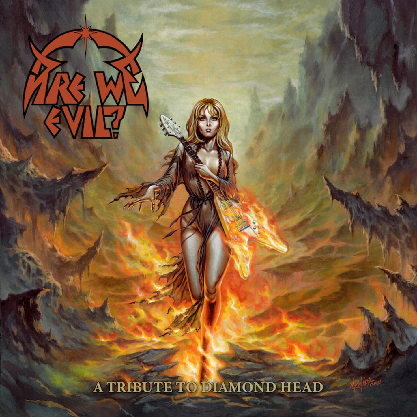 Painted album cover featuring a woman with a guitar amidst flames.