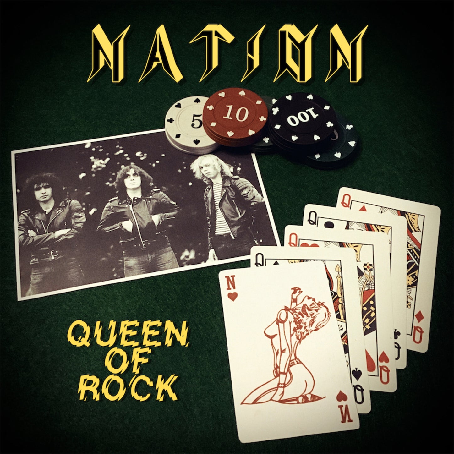 Album cover for "Nation - Queen Of Rock" featuring a band photo and casino chips.