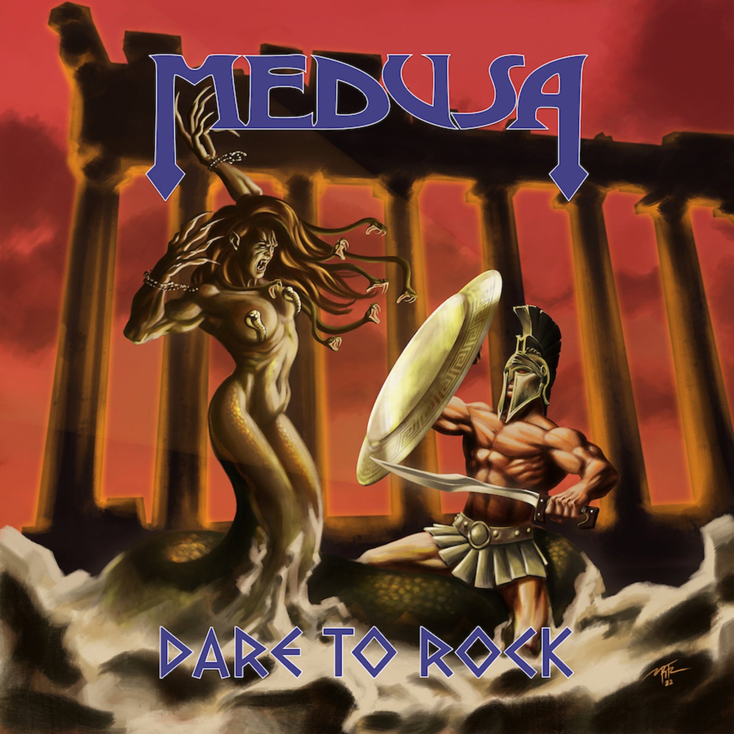 CD cover art: Medusa and a warrior before crumbling columns.