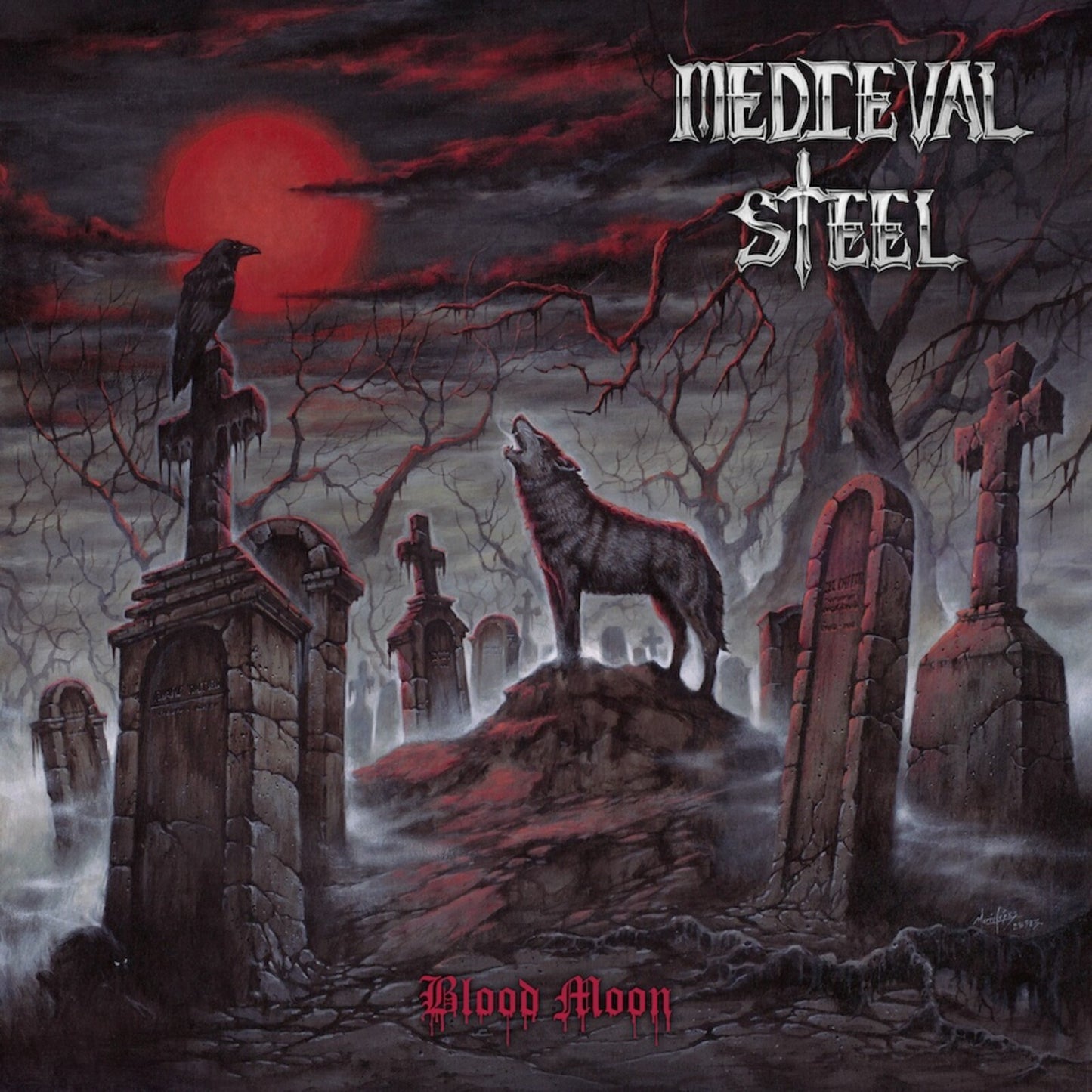 Album cover: graveyard scene with a wolf howling at a blood moon.