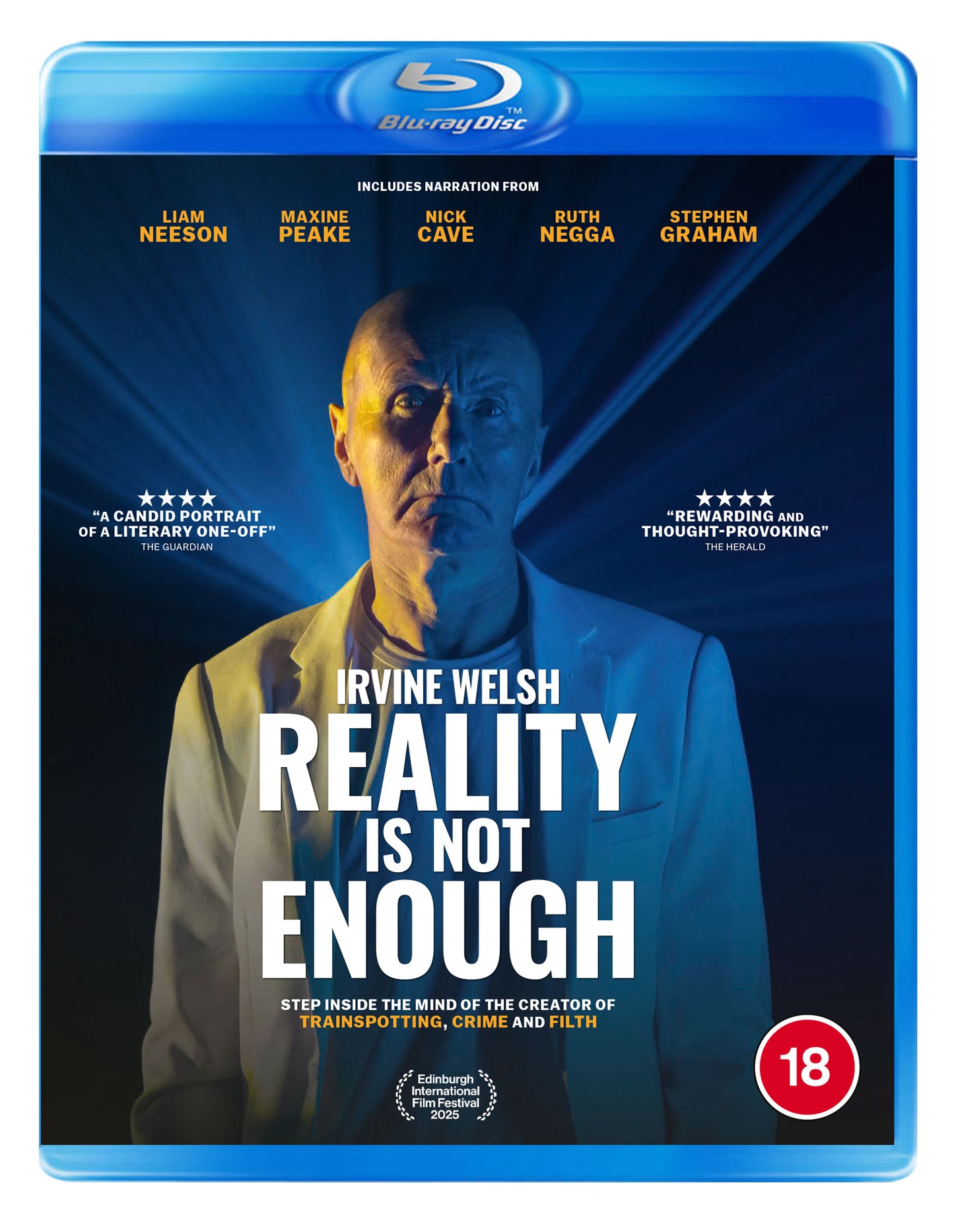 Blu-ray cover for "Irvine Welsh: Reality Is Not Enough" featuring Irvine Welsh’s portrait.