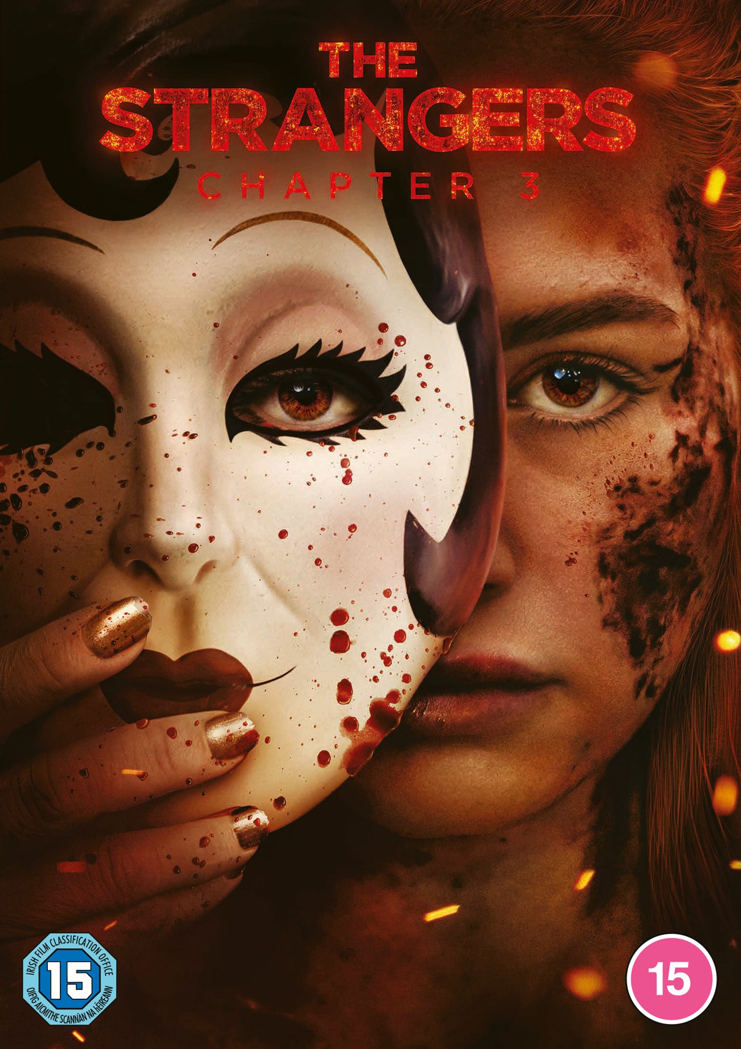 DVD cover for "The Strangers: Chapter 3" featuring a masked face and blood splatters.