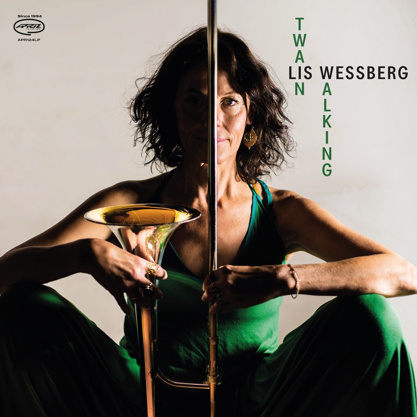 Woman with trombone, split image, album cover for Lis Wessberg’s “Twain Walking”.