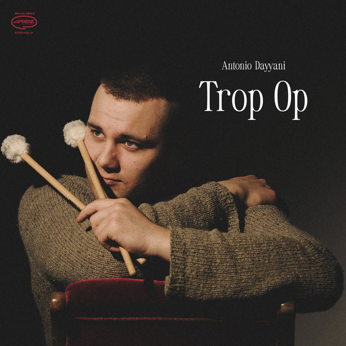 Antonio Dayyani album cover, "Trop Op", featuring a musician with mallets.