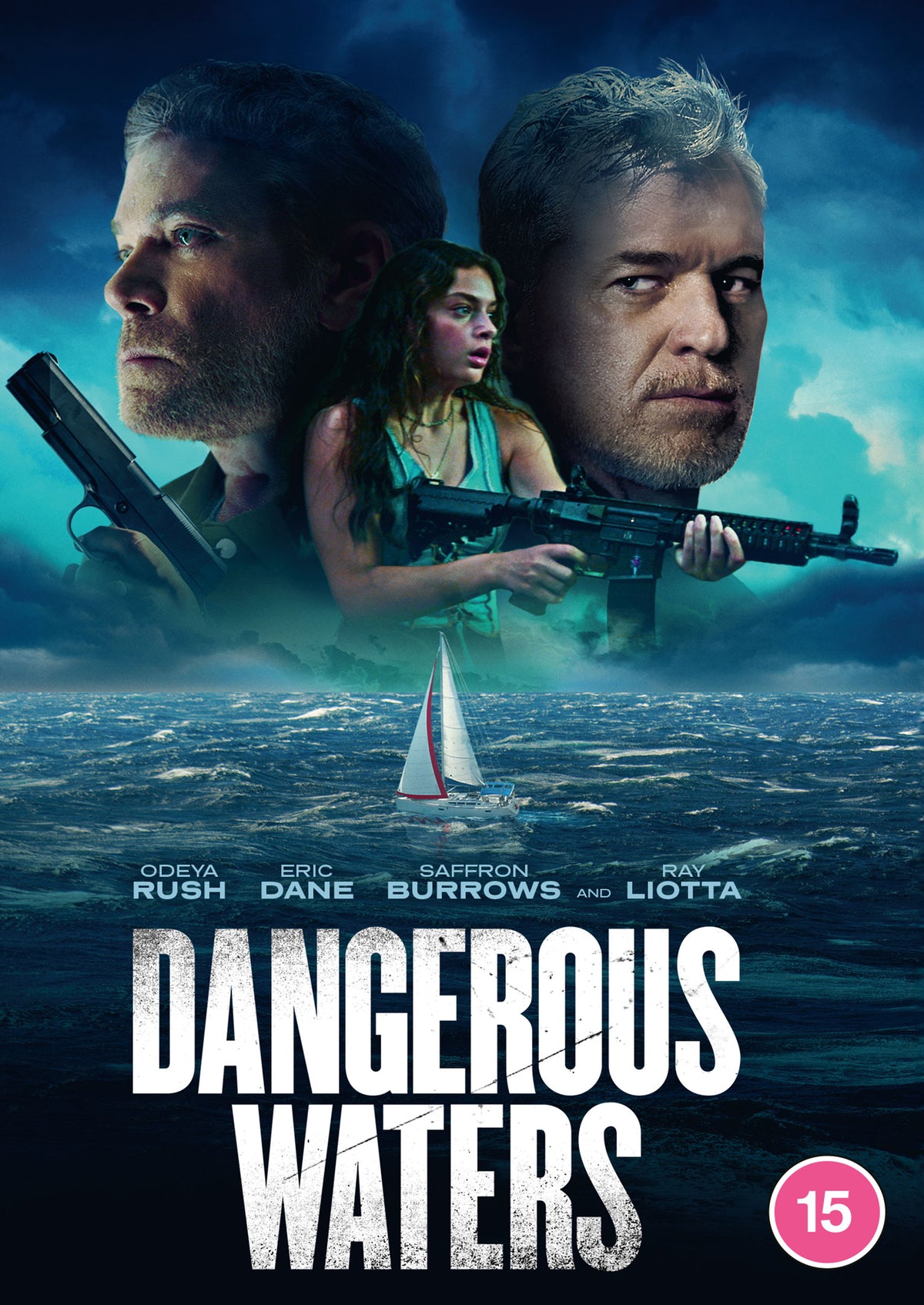 Movie poster for "Dangerous Waters" featuring people with guns at sea.