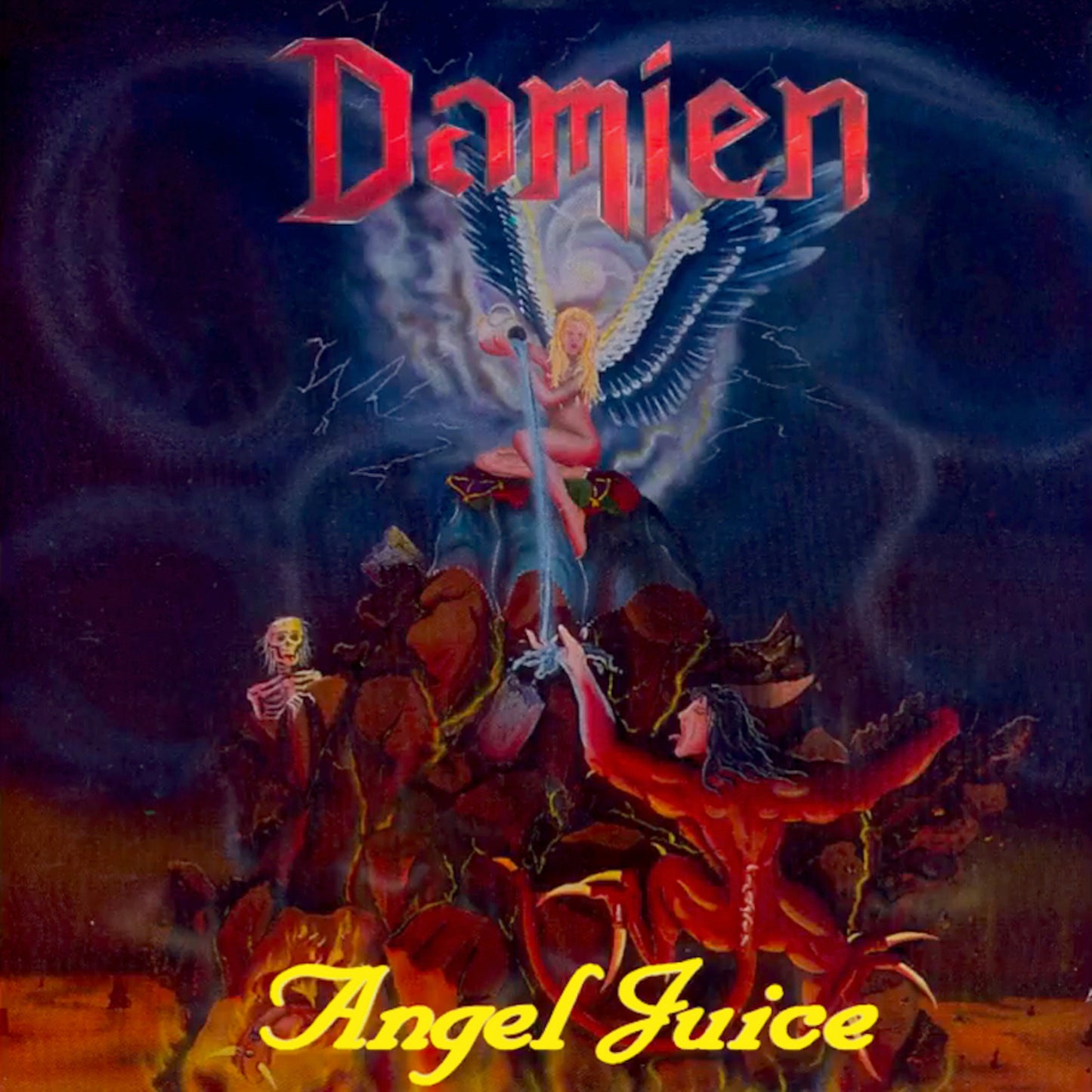 CD cover for Damien’s “Angel Juice” featuring an angel and skeletal figures.