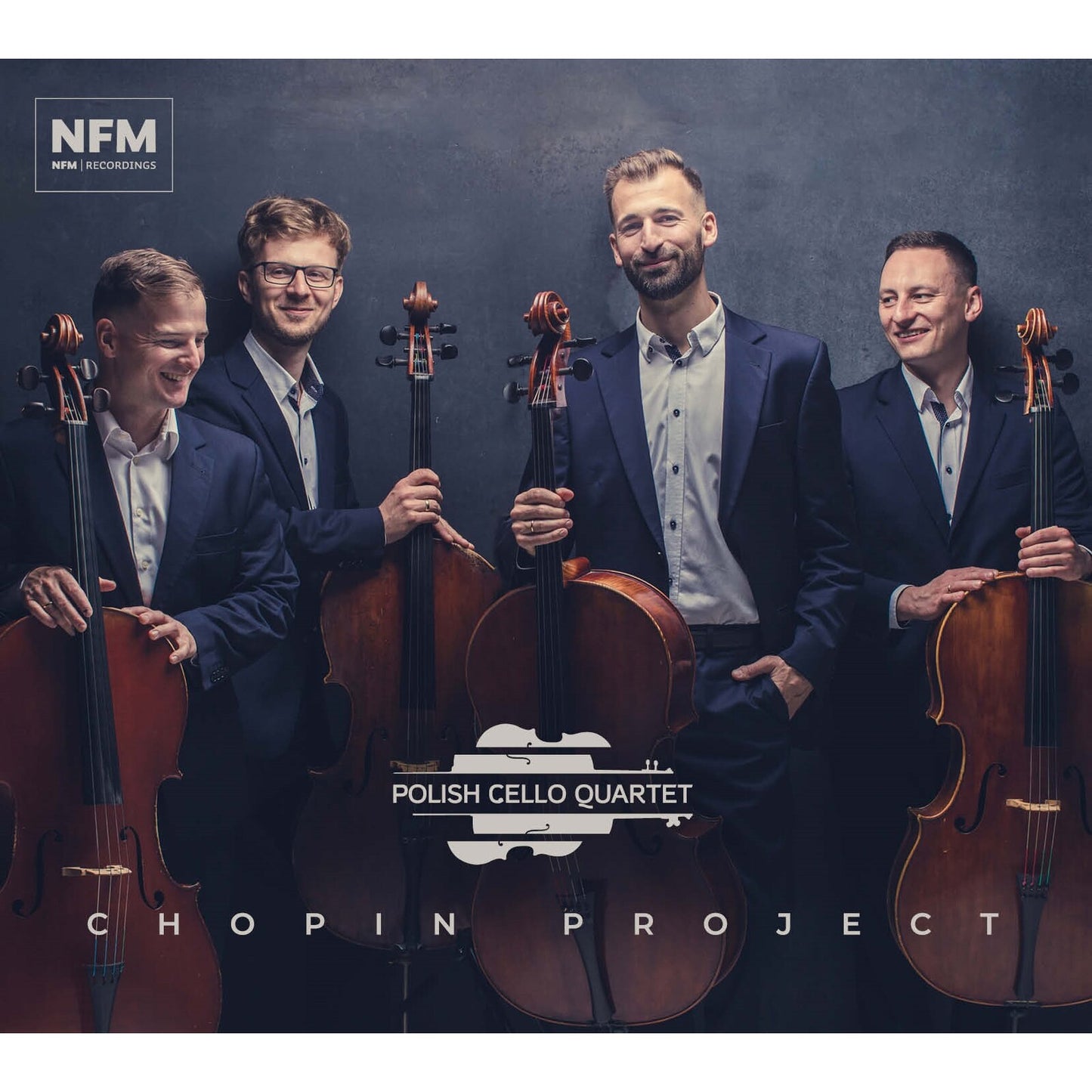 Four cellists in suits with instruments, album cover for "Chopin Project".