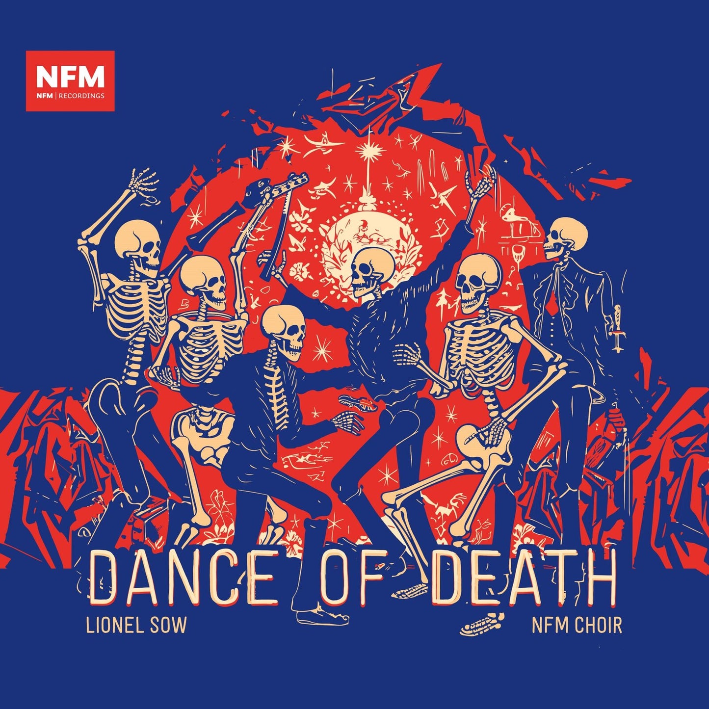CD cover: skeletons dancing around a central figure in red and blue.